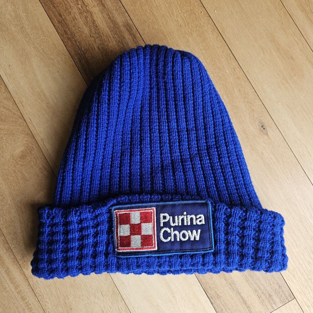 Vintage Purina Chow Stocking Hat Knit Blue Retro Winter Farm Cap Feed Mill